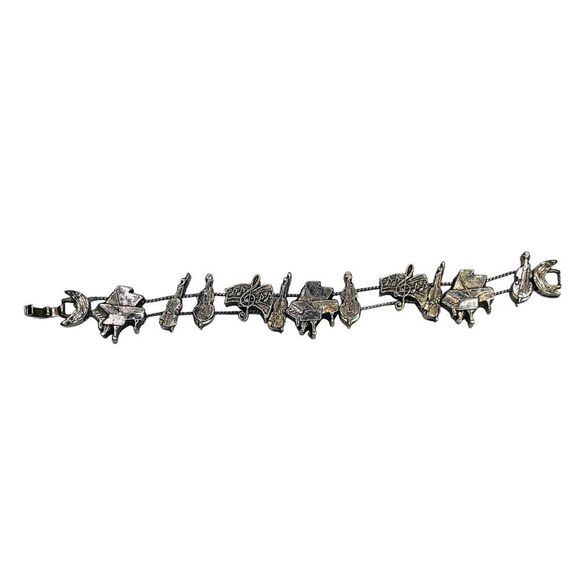 Vintage Music Theme Antiqued Gold Tone Slider Charm Bracelet - Picture 8 of 11